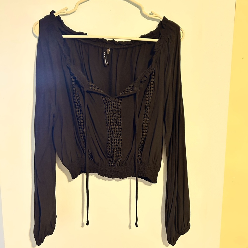 Black Crop Top with Cinched Waist and Open Shoulders